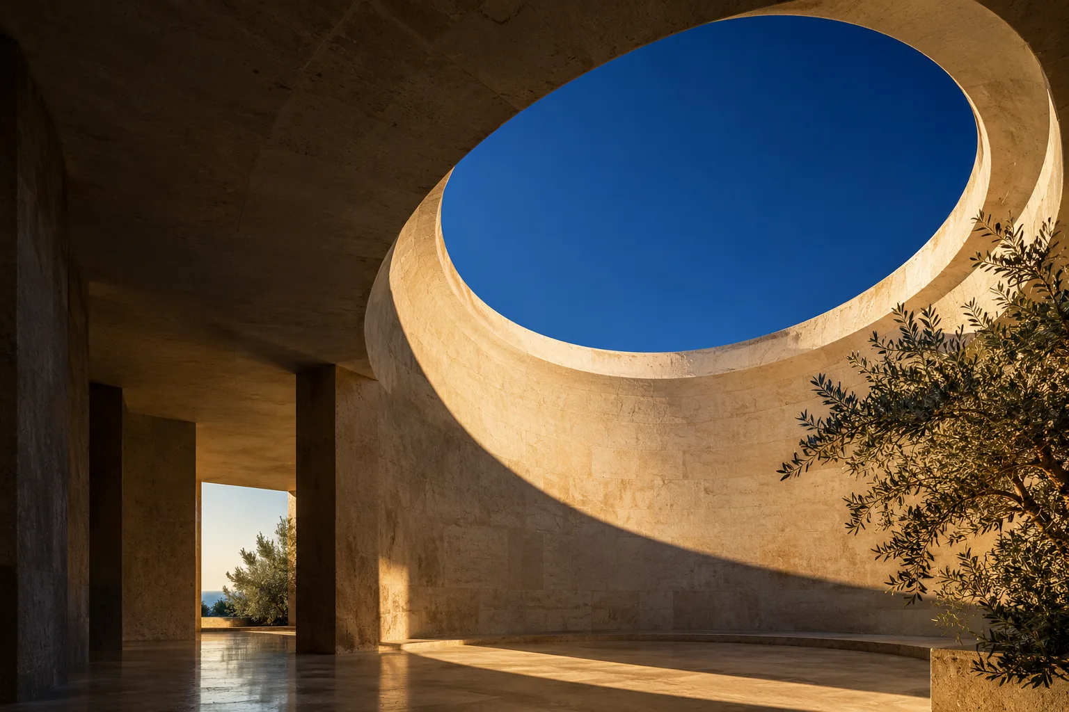 Sunlight falling through a circular opening in modern stone architecture